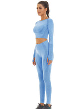 Load image into Gallery viewer, Toplook Women Seamless Workout Outfits Athletic Set Leggings + Long Sleeve Top 2 Pieces(Ligth Blue)
