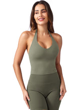 Load image into Gallery viewer, YEOREO Women's Halter Crop Top V Neck Workout Going Out Tank Top Hazel Padded Sleeveless Backless Trendy Summer Camisole Army Green
