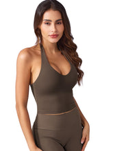 Load image into Gallery viewer, YEOREO Women's Halter Crop Top V Neck Workout Going Out Tank Top Hazel Padded Sleeveless Backless Trendy Summer Camisole Coffee
