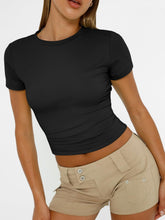 Load image into Gallery viewer, AUTOMET Womens Short Sleeve T Shirts Basic Summer 2025 Workout Tops Crew Neck Gym Crop Tops Trendy Y2K Clothes Black
