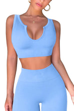 Load image into Gallery viewer, QINSEN Seamless GMY Exercise 2 Piece Leggings Sets Ribbed Stretchy Training Yoga Pants with Sport Bra Active Clothes Sky Blue
