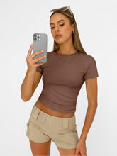 Load image into Gallery viewer, AUTOMET Womens Short Sleeve T Shirts Basic Summer 2025 Workout Tops Crew Neck Gym Crop Tops Trendy Y2K Clothes Coffee
