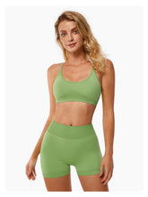 Load image into Gallery viewer, ABOCIW Workout Sets for Women Seamless V Back Scrunch Butt Lifting High Waist Biker Shorts Cross Back Sports Bra 2 Piece Yoga Gym Sets Light Green
