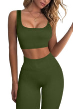 Load image into Gallery viewer, QINSEN Ribbed Workout Outfits for Women 2 Piece Seamless Sport Bra High Waist Yoga Leggings Sets Army Green
