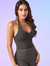Load image into Gallery viewer, YEOREO Women's Halter Crop Top V Neck Workout Going Out Tank Top Hazel Padded Sleeveless Backless Trendy Summer Camisole Dark Gray
