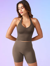 Load image into Gallery viewer, YEOREO Women's Halter Crop Top V Neck Workout Going Out Tank Top Hazel Padded Sleeveless Backless Trendy Summer Camisole Coffee
