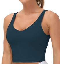 Load image into Gallery viewer, Women’s Longline Sports Bra Wirefree Padded Medium Support Yoga Bras Gym Running Workout Tank Tops(Dark Blue Green)
