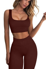 Load image into Gallery viewer, QINSEN High Waisted Leggings for Women GMY Workout Sport Bra Tops 2 Piece Outfits Coffee
