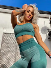 Load image into Gallery viewer, OLCHEE Women’s Workout Sets 2 Piece - Seamless Yoga Leggings and Cross-Strap Sports Bra Gym Outfits Activewear Matching Set - Green
