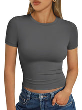 Load image into Gallery viewer, AUTOMET Womens Short Sleeve T Shirts Basic Summer 2025 Workout Tops Crew Neck Gym Crop Tops Trendy Y2K Clothes Gray
