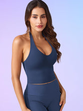Load image into Gallery viewer, YEOREO Women's Halter Crop Top V Neck Workout Going Out Tank Top Hazel Padded Sleeveless Backless Trendy Summer Camisole Navy
