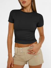 Load image into Gallery viewer, AUTOMET Womens Short Sleeve T Shirts Basic Summer 2025 Workout Tops Crew Neck Gym Crop Tops Trendy Y2K Clothes Black
