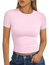 Load image into Gallery viewer, AUTOMET Womens Short Sleeve T Shirts Basic Summer 2025 Workout Tops Crew Neck Gym Crop Tops Trendy Y2K Clothes Light Pink
