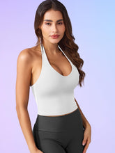 Load image into Gallery viewer, YEOREO Women's Halter Crop Top V Neck Workout Going Out Tank Top Hazel Padded Sleeveless Backless Trendy Summer Camisole White
