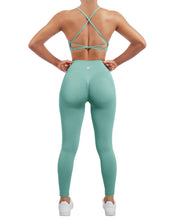 Load image into Gallery viewer, SUUKSESS Women Seamless 2 piece Workout Sets Strappy Padded Sports Bra Booty High Waisted Leggings Outfits (Light Green)
