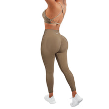 Load image into Gallery viewer, SUUKSESS Women Seamless 2 piece Workout Sets Strappy Padded Sports Bra Booty High Waisted Leggings Outfits (Dark Coffee)
