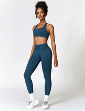 Load image into Gallery viewer, ABOCIW Womens Seamless Workout Sets V Back Scrunch Lifting High Waist Leggings Cross Back Strappy Sports Bra 2 Piece Matching Yoga Gym Sets Y-Navy Blue
