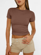 Load image into Gallery viewer, AUTOMET Womens Short Sleeve T Shirts Basic Summer 2025 Workout Tops Crew Neck Gym Crop Tops Trendy Y2K Clothes Coffee
