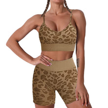 Load image into Gallery viewer, Women Seamless Yoga Set 2 Piece Workout Sport Bra with High Waist Shorts Legging Outfit Tracksuit.JNINTH (Leopard Coffee)

