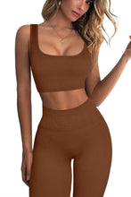 Load image into Gallery viewer, QINSEN Ribbed Workout Outfits for Women 2 Piece Seamless Sport Bra High Waist Yoga Leggings Sets Brown
