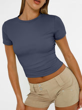 Load image into Gallery viewer, AUTOMET Womens Short Sleeve T Shirts Basic Summer 2025 Workout Tops Crew Neck Gym Crop Tops Trendy Y2K Clothes Navy
