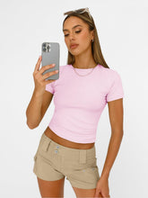 Load image into Gallery viewer, AUTOMET Womens Short Sleeve T Shirts Basic Summer 2025 Workout Tops Crew Neck Gym Crop Tops Trendy Y2K Clothes Light Pink
