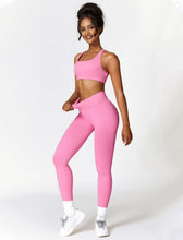 Load image into Gallery viewer, ABOCIW Workout Sets, Seamless V Back Scrunch Lifting Leggings High Waist Yoga Pants Cross Back Strappy Sports Bra 2 Piece Gym Sets Y-Pink
