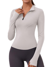 Load image into Gallery viewer, Long Sleeve Workout Shirts Women Dry Fit Seamless Compression Crop Tops 1/2 Zip Pullover Running Gym Clothes(Grey)
