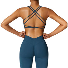 Load image into Gallery viewer, ABOCIW Womens Seamless Workout Sets V Back Scrunch Lifting High Waist Leggings Cross Back Strappy Sports Bra 2 Piece Matching Yoga Gym Sets Y-Navy Blue
