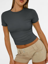 Load image into Gallery viewer, AUTOMET Womens Short Sleeve T Shirts Basic Summer 2025 Workout Tops Crew Neck Gym Crop Tops Trendy Y2K Clothes Gray
