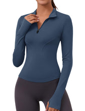 Load image into Gallery viewer, Womens Workout Tops Long Sleeve Slim Crop Top 1/4 Quarter Zip Pullover Yoga Athletic Golf Shirt(Grey Blue)
