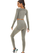 Load image into Gallery viewer, Toplook Women Seamless Workout Outfits Athletic Set Leggings + Long Sleeve Top 2 Pieces(Green Gray)
