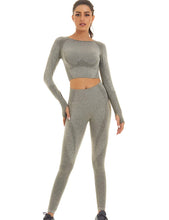 Load image into Gallery viewer, Toplook Women Seamless Workout Outfits Athletic Set Leggings + Long Sleeve Top 2 Pieces(Green Gray)
