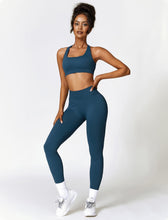 Load image into Gallery viewer, ABOCIW Womens Seamless Workout Sets V Back Scrunch Lifting High Waist Leggings Cross Back Strappy Sports Bra 2 Piece Matching Yoga Gym Sets Y-Navy Blue
