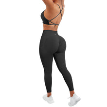 Load image into Gallery viewer, SUUKSESS Women Seamless 2 piece Workout Sets Strappy Padded Sports Bra Booty High Waisted Leggings Outfits (Black)
