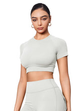 Load image into Gallery viewer, YEOREO Womens Short Sleeve Crop Tops Caliyta Seamless Workout Impact T Shirts Crew Neck Raglan Gym Yoga Tees Slim Fit Feather Rice
