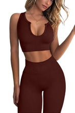 Load image into Gallery viewer, QINSEN Workout Outfits for Women 2 Piece Ribbed Seamless Crop Tank High Waist Yoga Leggings Sets,04 Coffee
