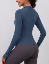 Load image into Gallery viewer, Womens Workout Tops Long Sleeve Slim Crop Top 1/4 Quarter Zip Pullover Yoga Athletic Golf Shirt(Grey Blue)
