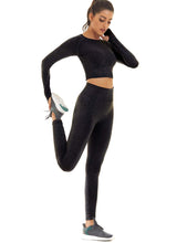 Load image into Gallery viewer, Toplook Women Seamless Workout Outfits Athletic Set Leggings + Long Sleeve Top 2 Pieces(Black)
