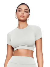 Load image into Gallery viewer, YEOREO Womens Short Sleeve Crop Tops Caliyta Seamless Workout Impact T Shirts Crew Neck Raglan Gym Yoga Tees Slim Fit Feather Rice
