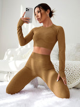 Load image into Gallery viewer, LIGHT DOT Women's Workout Outfits 2 Pieces Yoga Suits Long Sleeve Crop Top High Waist Sport Leggings Active Gym Set (Khaki)
