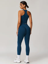 Load image into Gallery viewer, ABOCIW Workout Sets for Women, Ribbed Racerback Tank Top Bra Seamless Scrunch Butt Lifting High Waist Leggings 2 Piece Gym Yoga Outfits Tan Navy Blue
