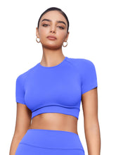 Load image into Gallery viewer, YEOREO Womens Short Sleeve Crop Tops Caliyta Seamless Workout Impact T Shirts Crew Neck Raglan Gym Yoga Tees Slim Fit Electric Blue
