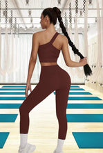 Load image into Gallery viewer, Workout Sets for Women, Cut Seamless Crop Tank Leggings Matching Sets 2 Pieces Outfits, Sexy One Shoulder Two Piece Workout Outfits(Coffee)
