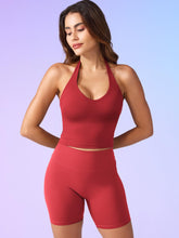 Load image into Gallery viewer, YEOREO Women's Halter Crop Top V Neck Workout Going Out Tank Top Hazel Padded Sleeveless Backless Trendy Summer Camisole Maroon Red
