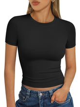 Load image into Gallery viewer, AUTOMET Womens Short Sleeve T Shirts Basic Summer 2025 Workout Tops Crew Neck Gym Crop Tops Trendy Y2K Clothes Black

