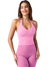 Load image into Gallery viewer, YEOREO Women's Halter Crop Top V Neck Workout Going Out Tank Top Hazel Padded Sleeveless Backless Trendy Summer Camisole Bubblegum Pink
