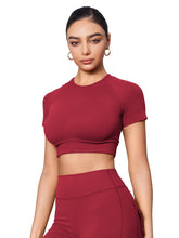 Load image into Gallery viewer, YEOREO Womens Short Sleeve Crop Tops Caliyta Seamless Workout Impact T Shirts Crew Neck Raglan Gym Yoga Tees Slim Fit Scarlett Red
