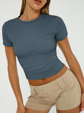 Load image into Gallery viewer, AUTOMET Womens Short Sleeve T Shirts Basic Crew Neck Crop Tops Tight Going Out Y2K Trendy Summer Clothes 2025 Haze Blue S
