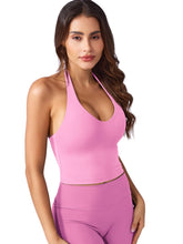 Load image into Gallery viewer, YEOREO Women's Halter Crop Top V Neck Workout Going Out Tank Top Hazel Padded Sleeveless Backless Trendy Summer Camisole Bubblegum Pink
